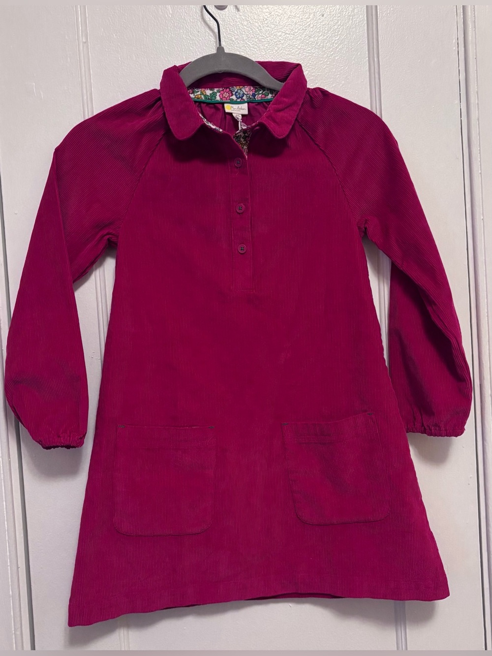 Mini Boden Girls Pink Corduroy Long Sleeve Collared Shift Dress 7-8Y NWT
